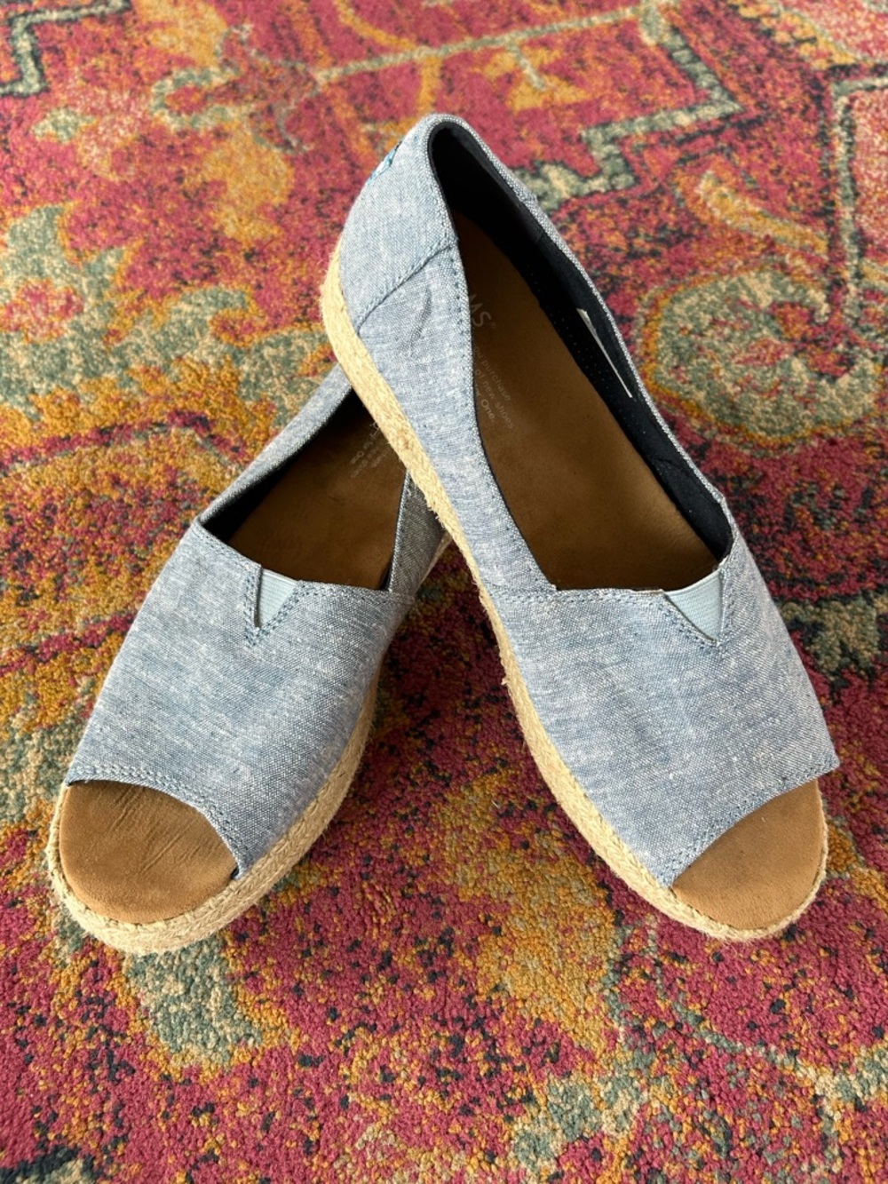 Toms | Women’s Light Blue Heathered Espadrille Peep-Toe Platform Sansals Size 10 - Picture 4 of 13